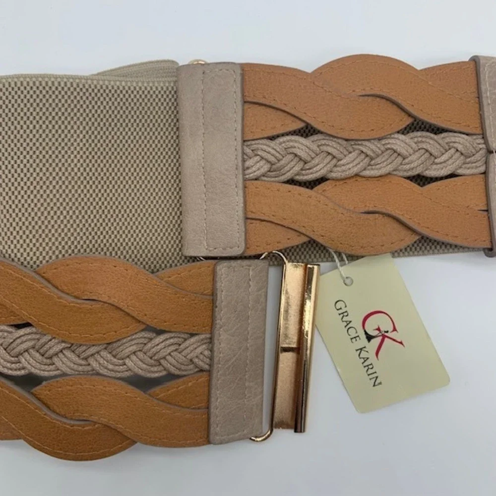 NWT Boho Coastal Wide Stretch Waist Belt 2XL Braided Woven Neutral Minimalist
